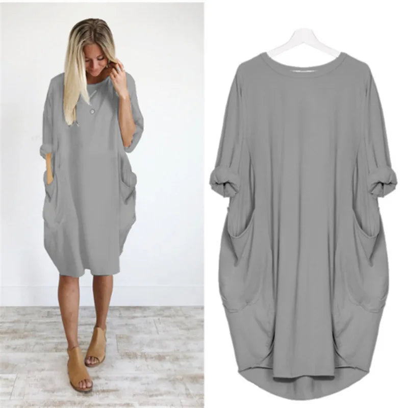 Women's Oversized Midi Dress with Long Sleeves, Round Neck and Side Pockets