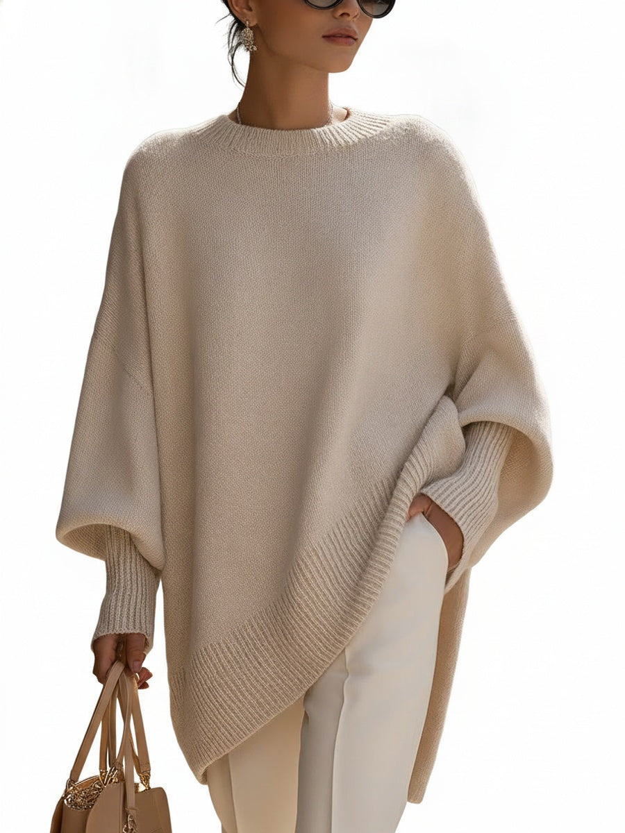 Women's Oversized Poncho Sweater with Batwing Sleeves and Round Neck