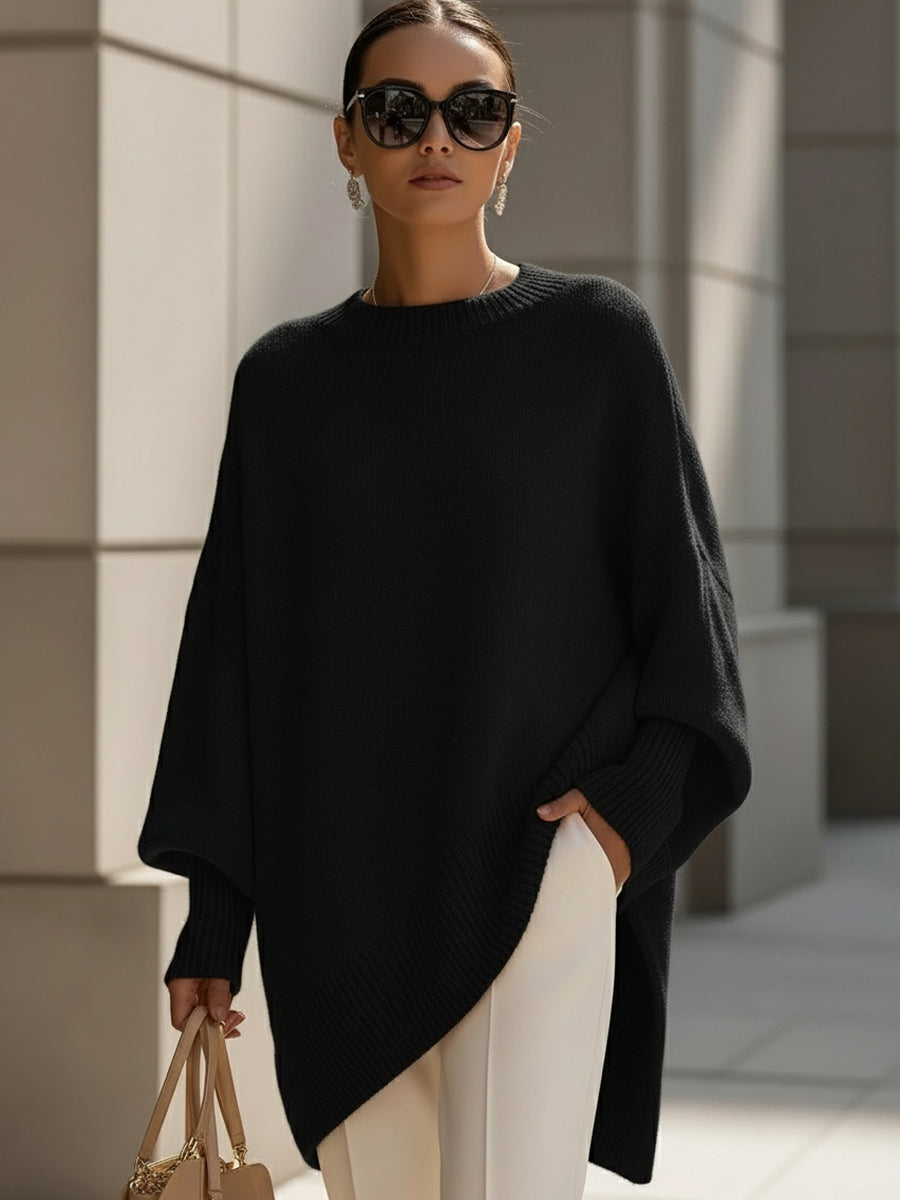 Women's Oversized Poncho Sweater with Batwing Sleeves and Round Neck