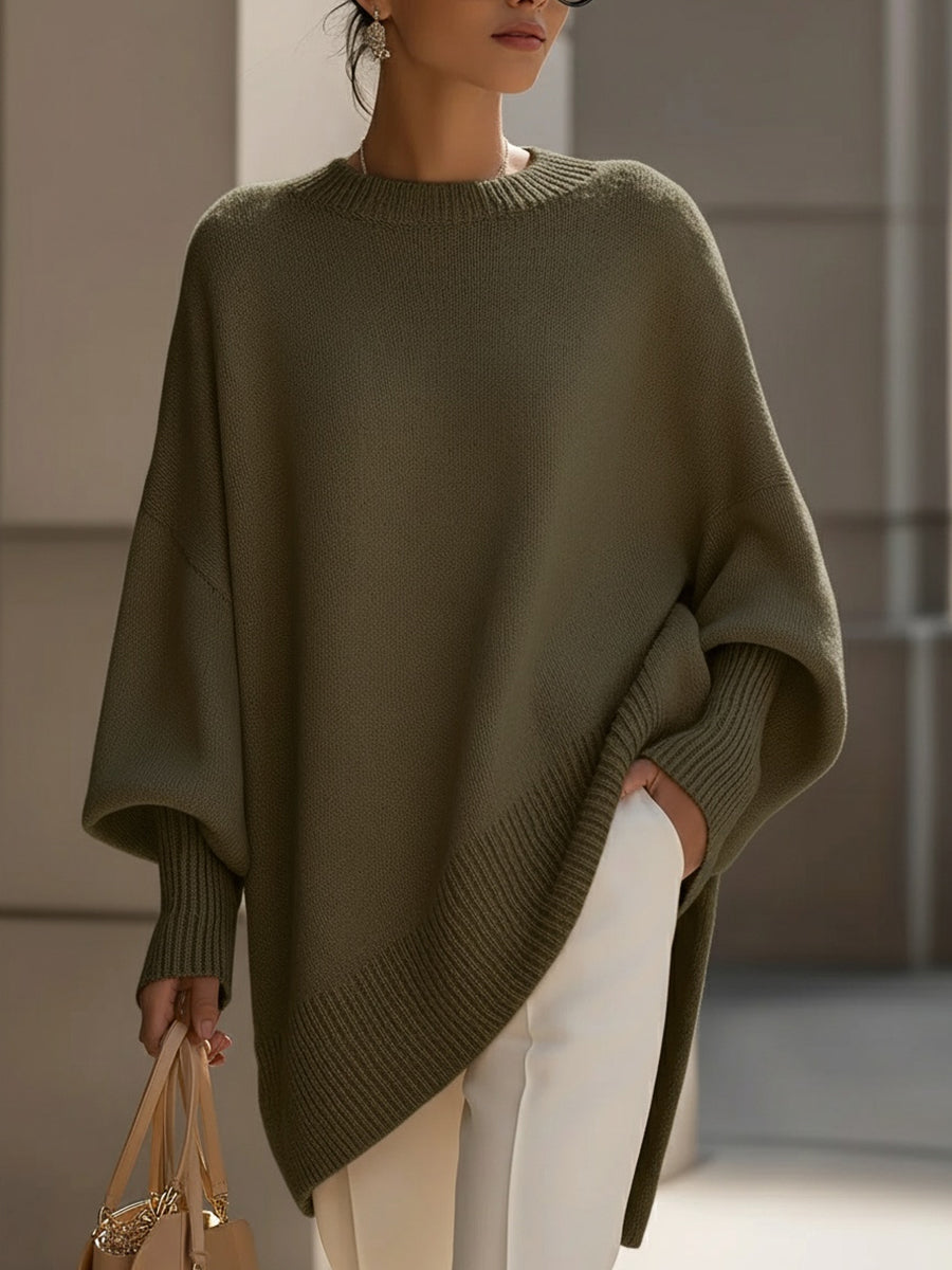 Women's Oversized Poncho Sweater with Batwing Sleeves and Round Neck