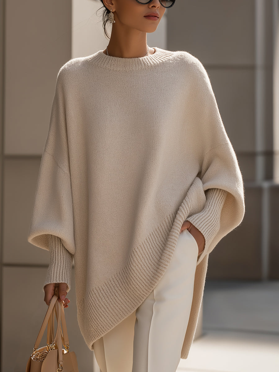 Women's Oversized Poncho Sweater with Batwing Sleeves and Round Neck