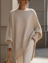 Women's Oversized Poncho Sweater with Batwing Sleeves and Round Neck