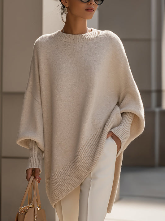 Women's Oversized Poncho Sweater with Batwing Sleeves and Round Neck