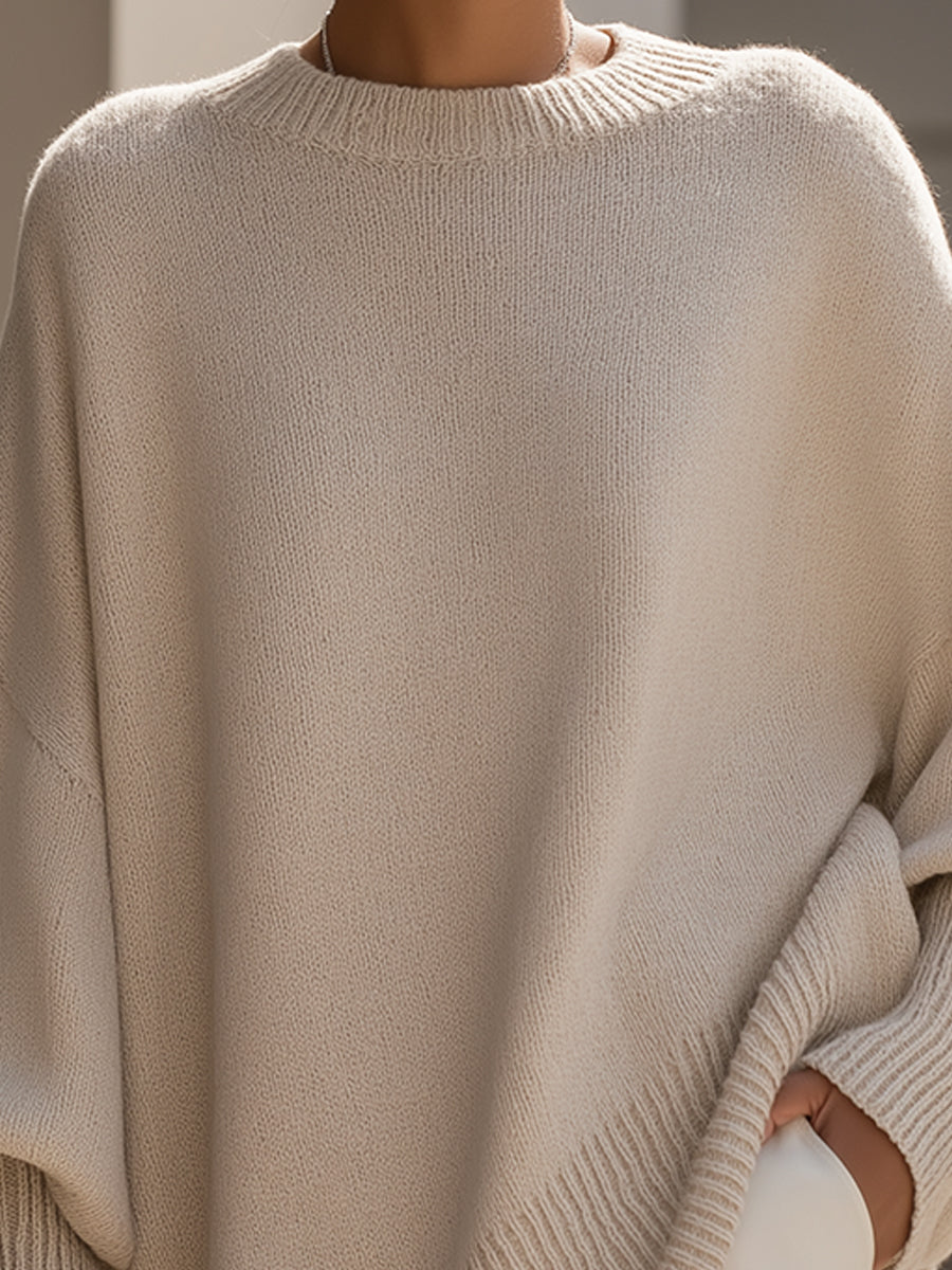 Women's Oversized Poncho Sweater with Batwing Sleeves and Round Neck
