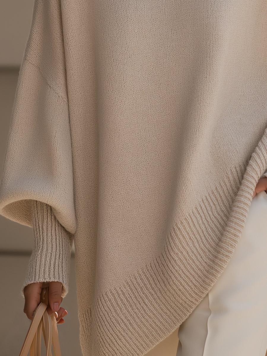 Women's Oversized Poncho Sweater with Batwing Sleeves and Round Neck