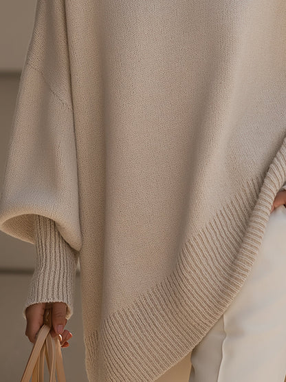 Women's Oversized Poncho Sweater with Batwing Sleeves and Round Neck