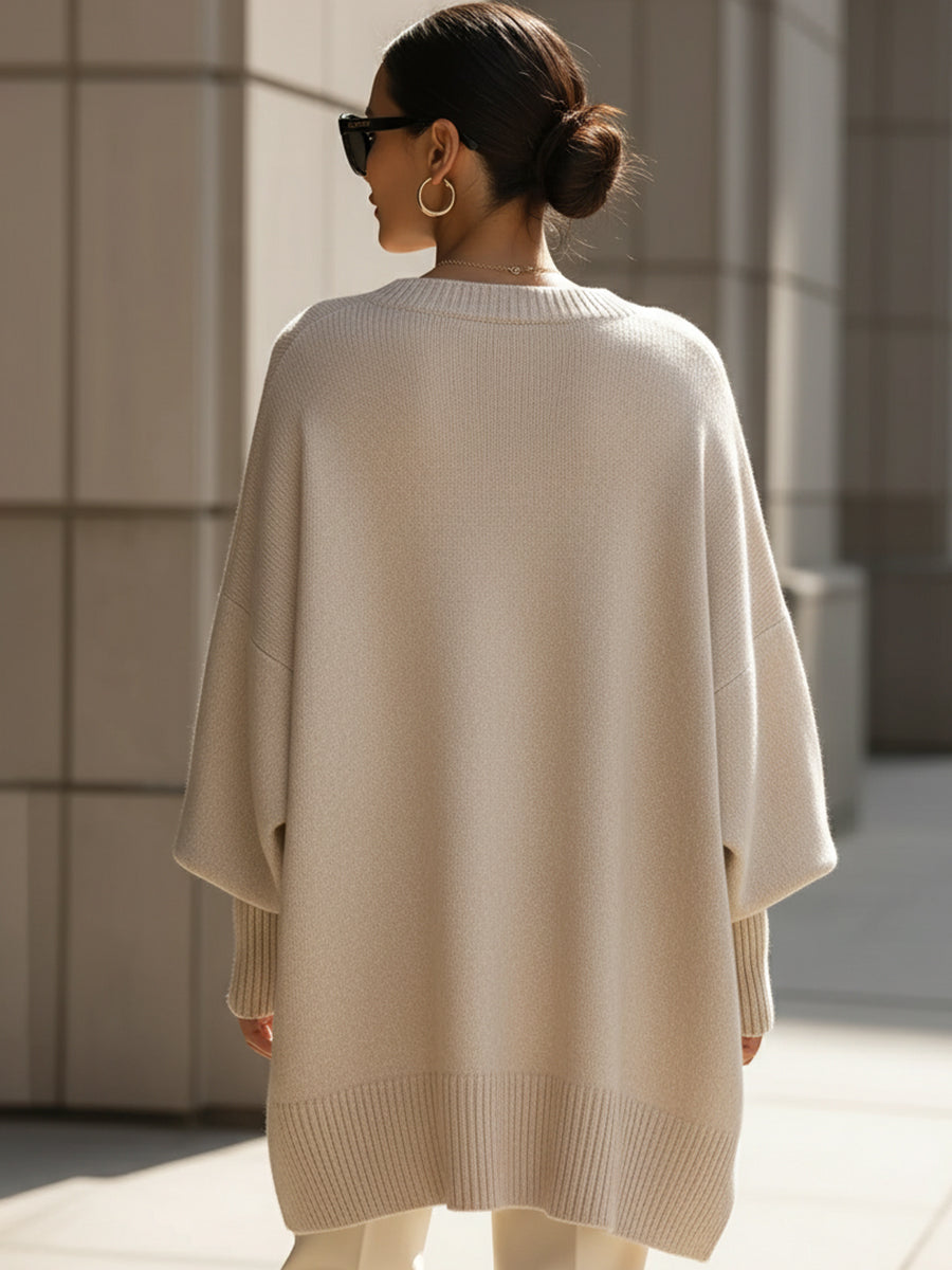 Women's Oversized Poncho Sweater with Batwing Sleeves and Round Neck
