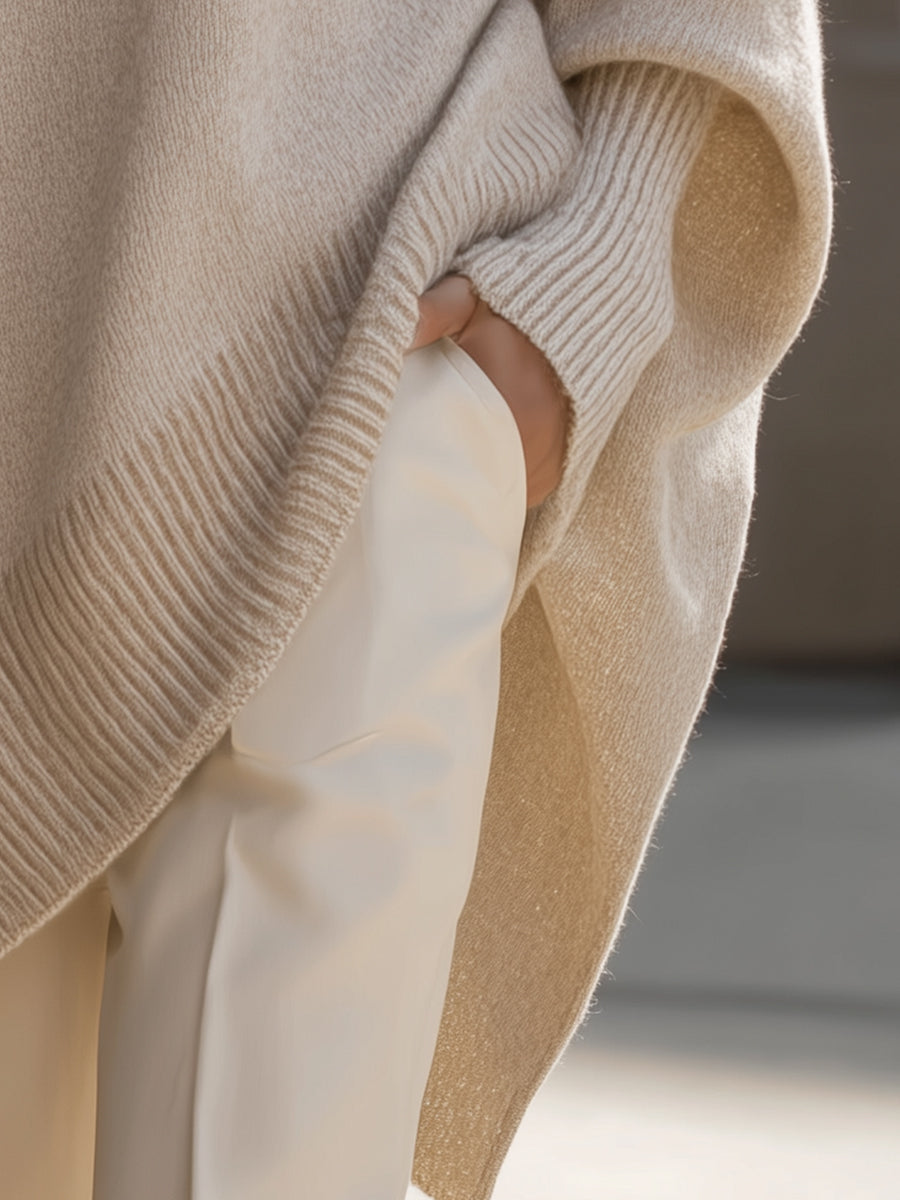 Women's Oversized Poncho Sweater with Batwing Sleeves and Round Neck