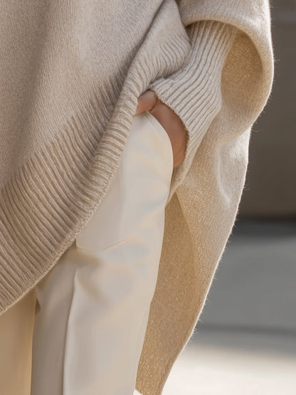 Women's Oversized Poncho Sweater with Batwing Sleeves and Round Neck