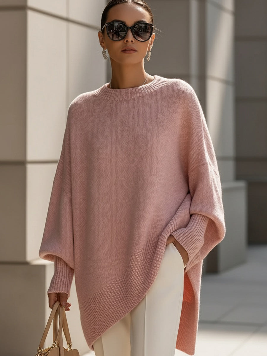 Women's Oversized Poncho Sweater with Batwing Sleeves and Round Neck