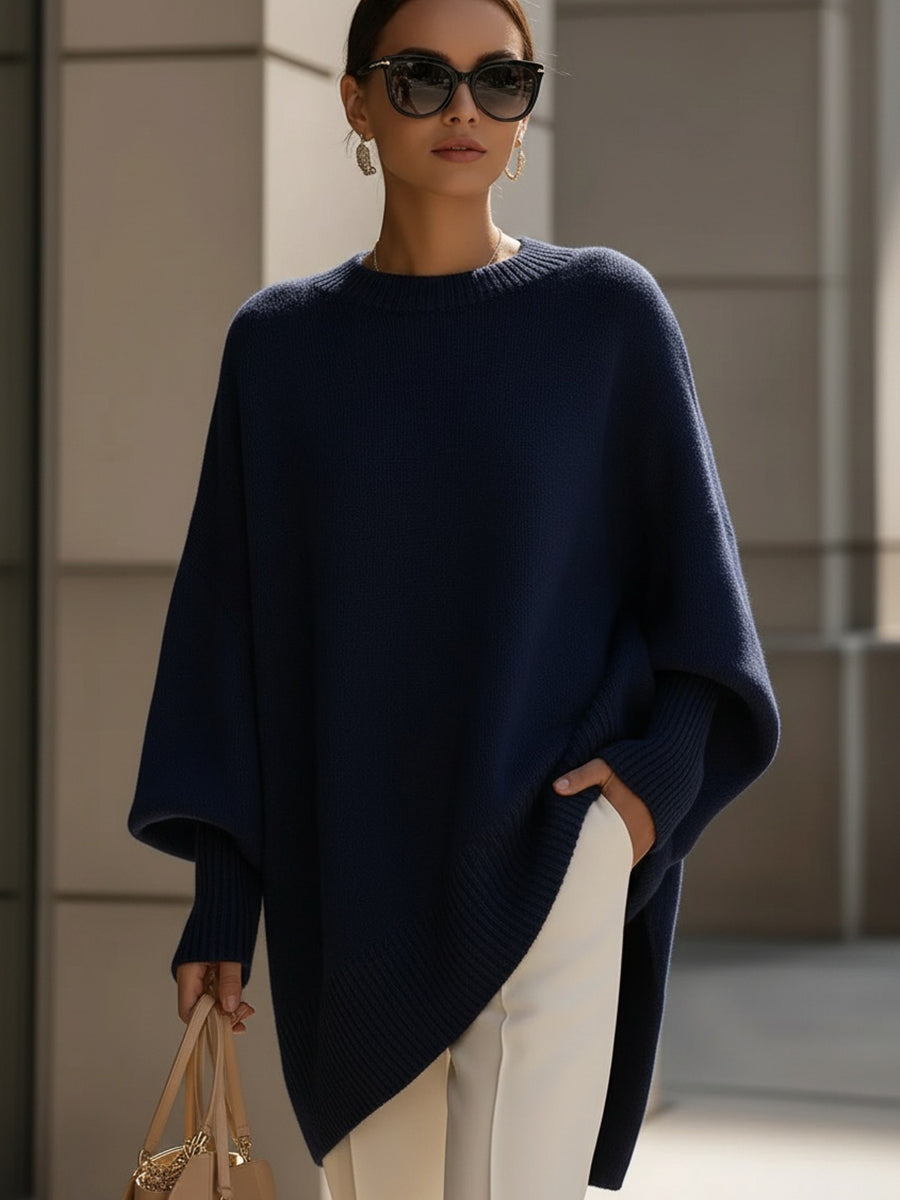 Women's Oversized Poncho Sweater with Batwing Sleeves and Round Neck