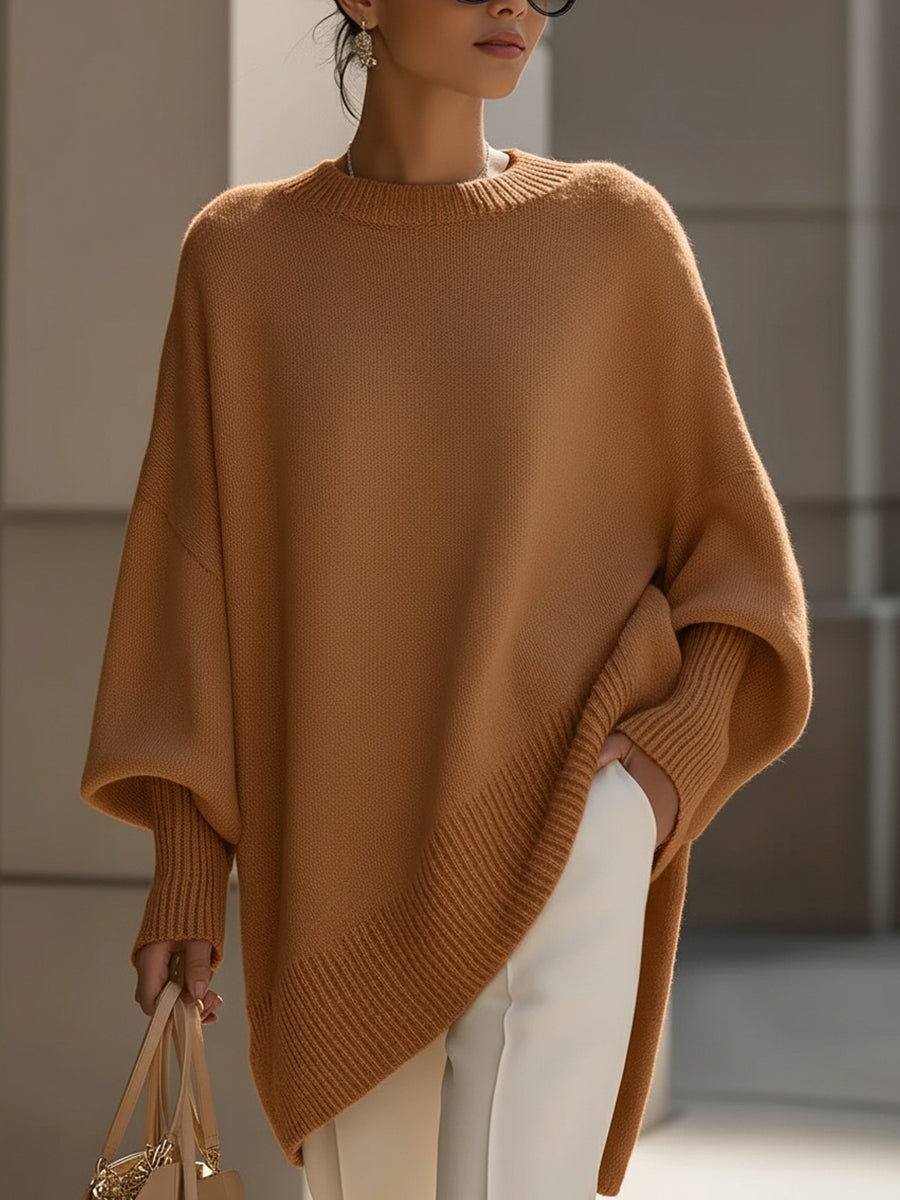 Women's Oversized Poncho Sweater with Batwing Sleeves and Round Neck