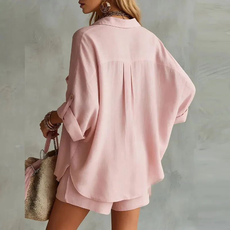 Women's Oversized Shirt and Shorts Set with V-Neck and Long Sleeves