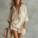 Women's Oversized Shirt and Shorts Set with V-Neck and Long Sleeves