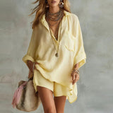 Women's Oversized Shirt and Shorts Set with V-Neck and Long Sleeves