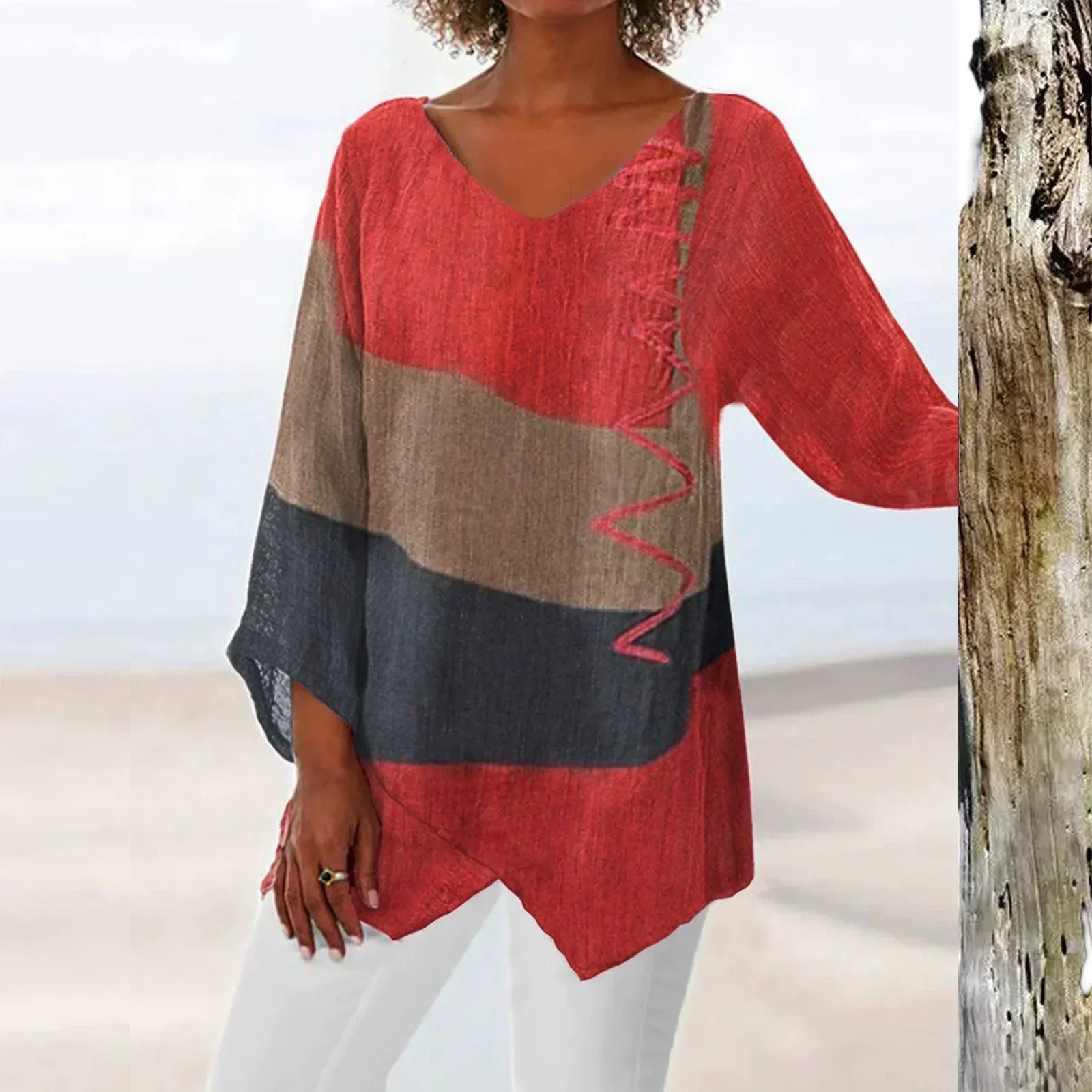Women's Oversized Top with V-Neck, Three-Quarter Sleeves and Asymmetrical Hem
