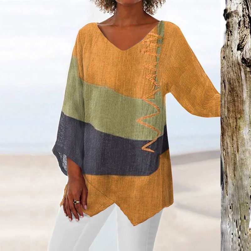 Women's Oversized Top with V-Neck, Three-Quarter Sleeves and Asymmetrical Hem