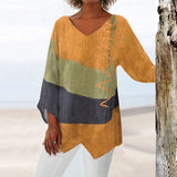 Women's Oversized Top with V-Neck, Three-Quarter Sleeves and Asymmetrical Hem