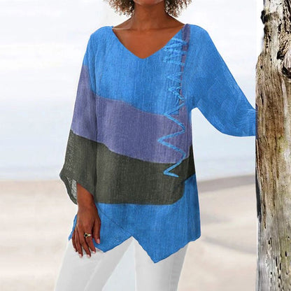 Women's Oversized Top with V-Neck, Three-Quarter Sleeves and Asymmetrical Hem