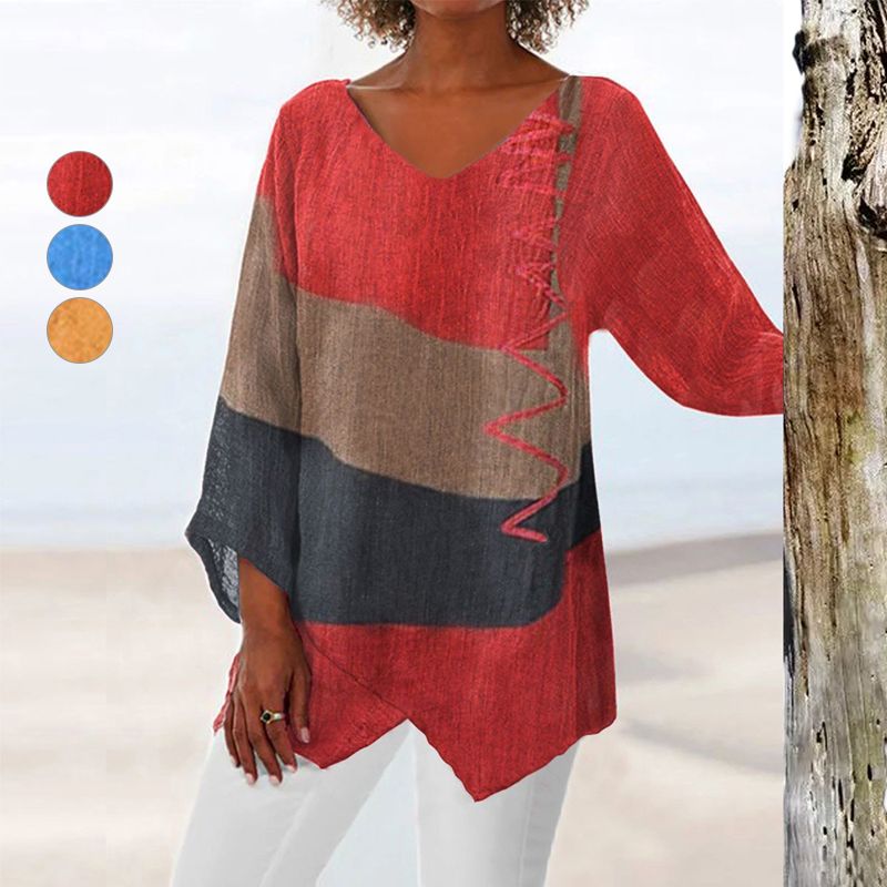 Women's Oversized Top with V-Neck, Three-Quarter Sleeves and Asymmetrical Hem