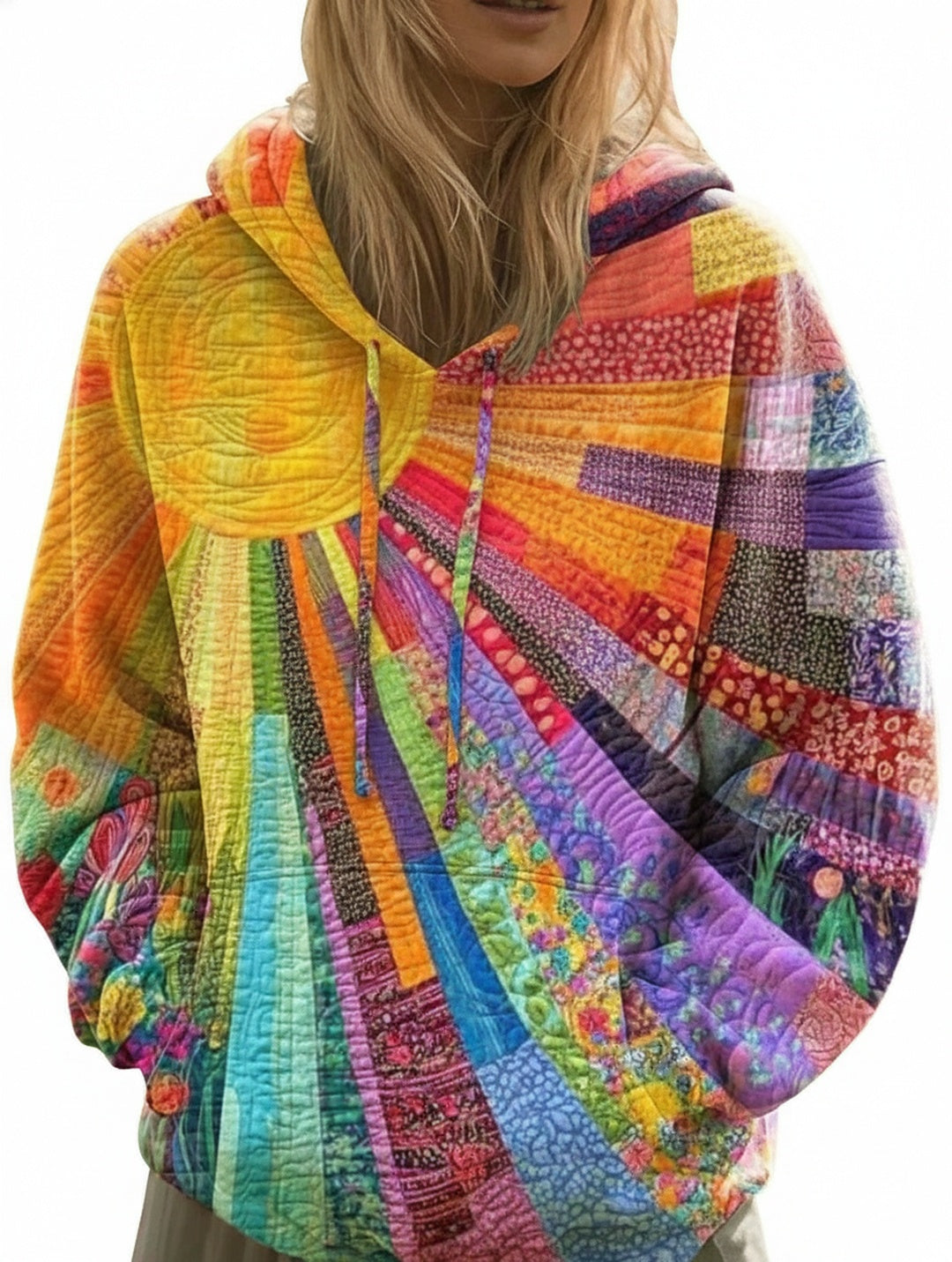 Women's Patchwork Hoodie with Long Sleeves and Sun Print
