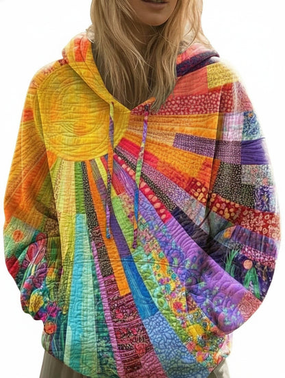 Women's Patchwork Hoodie with Long Sleeves and Sun Print