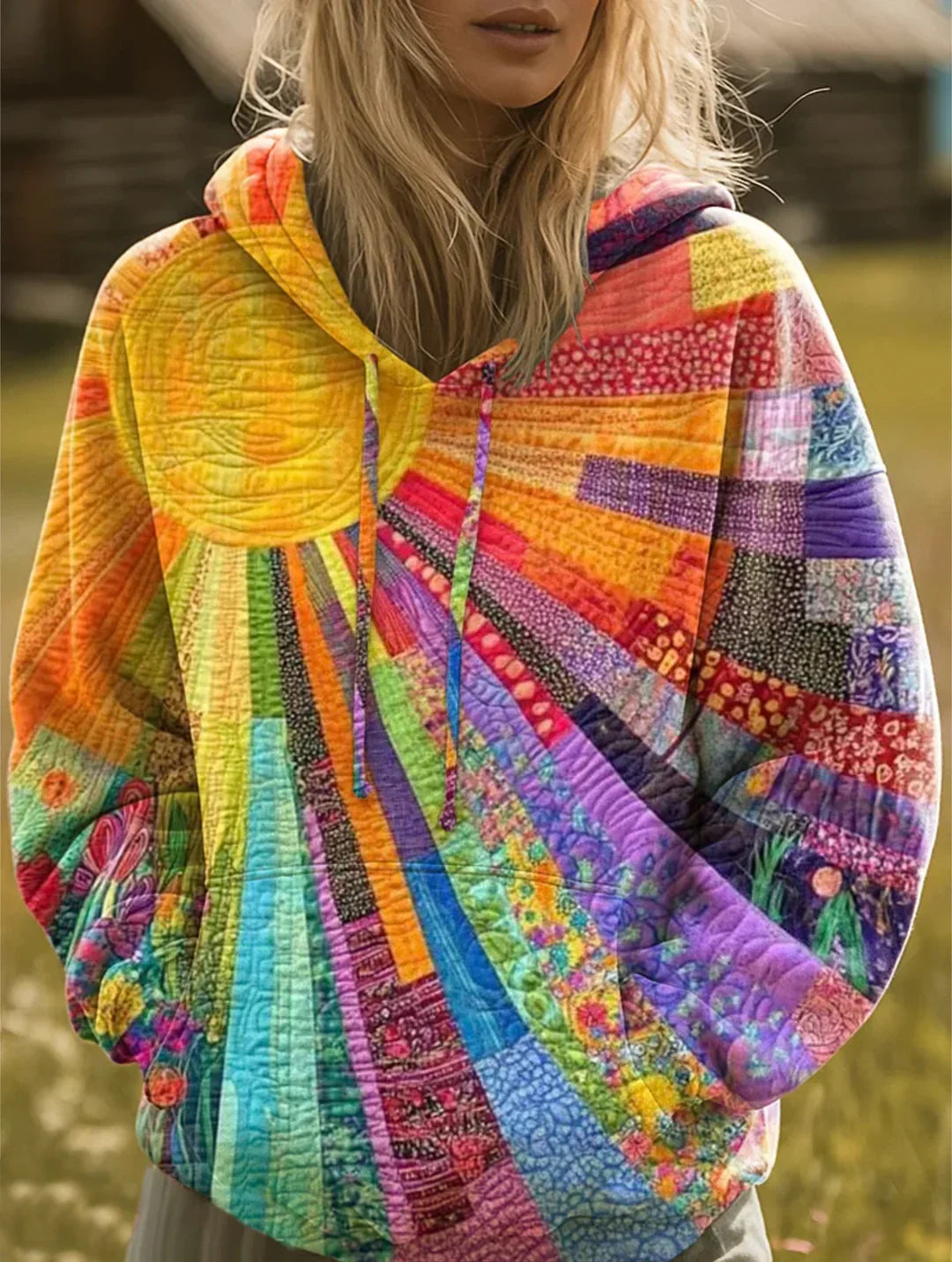 Women's Patchwork Hoodie with Long Sleeves and Sun Print