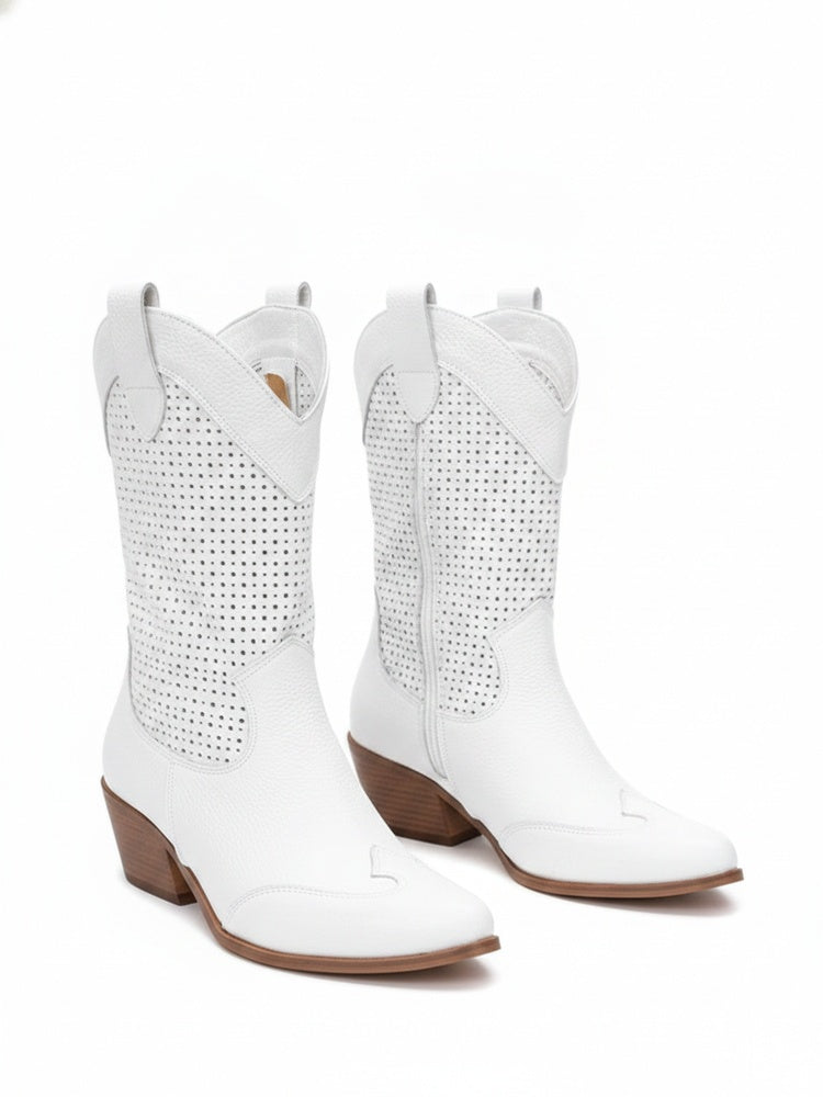 Women's Perforated Mid-Calf Boots with Pointed Toe and Block Heel