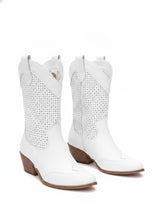 Women's Perforated Mid-Calf Boots with Pointed Toe and Block Heel