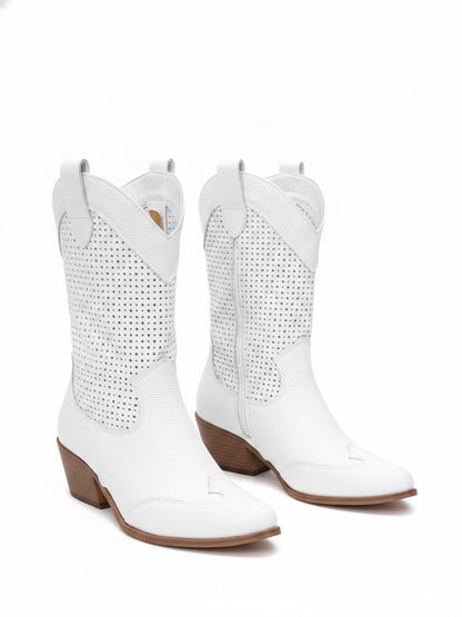 Women's Perforated Mid-Calf Boots with Pointed Toe and Block Heel