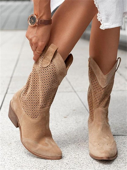 Women's Perforated Mid-Calf Boots with Pointed Toe and Block Heel