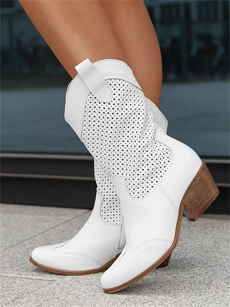 Women's Perforated Mid-Calf Boots with Pointed Toe and Block Heel