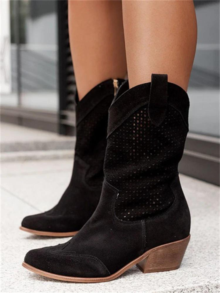 Women's Perforated Mid-Calf Boots with Pointed Toe and Block Heel