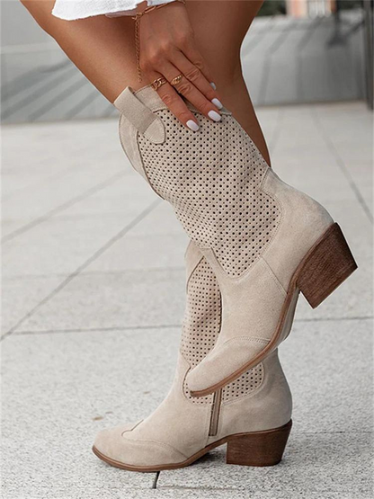Women's Perforated Mid-Calf Boots with Pointed Toe and Block Heel