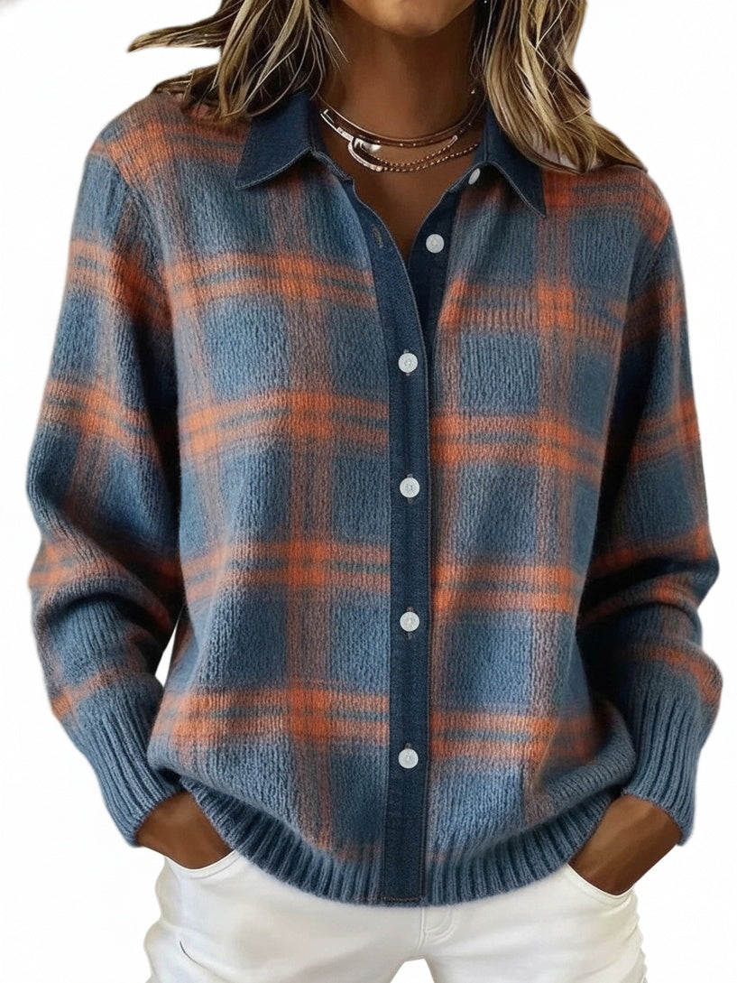 Women's Plaid Button-Front Sweater Shirt with Collar and Long Sleeves