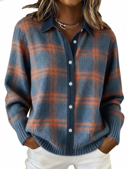 Women's Plaid Button-Front Sweater Shirt with Collar and Long Sleeves