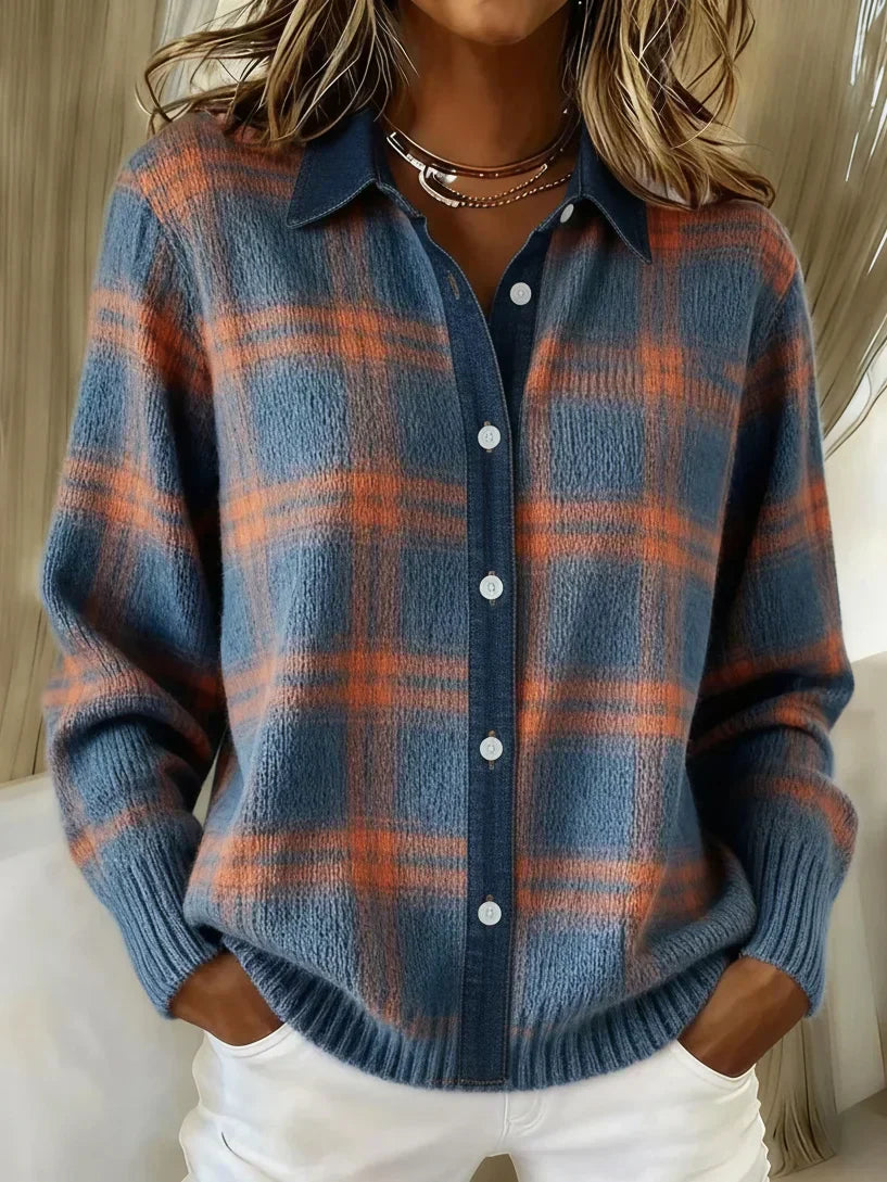 Women's Plaid Button-Front Sweater Shirt with Collar and Long Sleeves