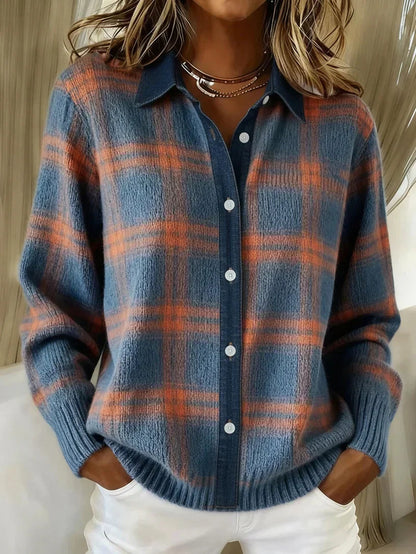 Women's Plaid Button-Front Sweater Shirt with Collar and Long Sleeves