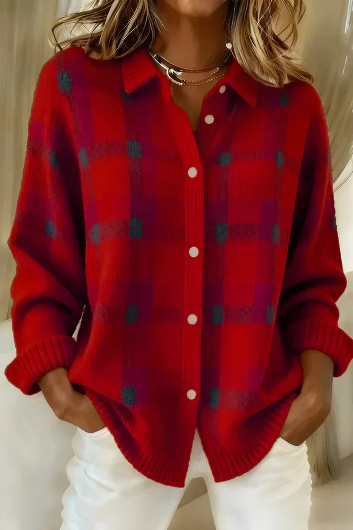 Women's Plaid Button-Front Sweater Shirt with Collar and Long Sleeves