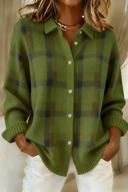Women's Plaid Button-Front Sweater Shirt with Collar and Long Sleeves