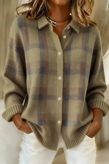 Women's Plaid Button-Front Sweater Shirt with Collar and Long Sleeves