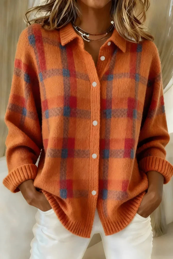 Women's Plaid Button-Front Sweater Shirt with Collar and Long Sleeves