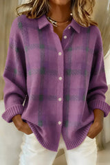 Women's Plaid Button-Front Sweater Shirt with Collar and Long Sleeves