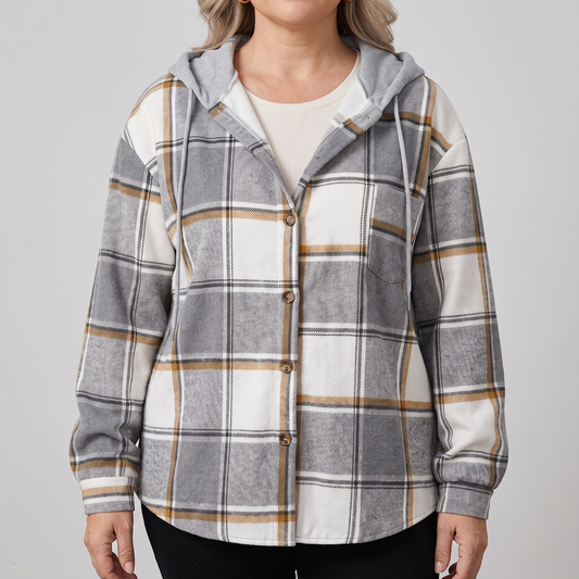 Women's Plaid Hooded Jacket with Button Front and Side Pockets