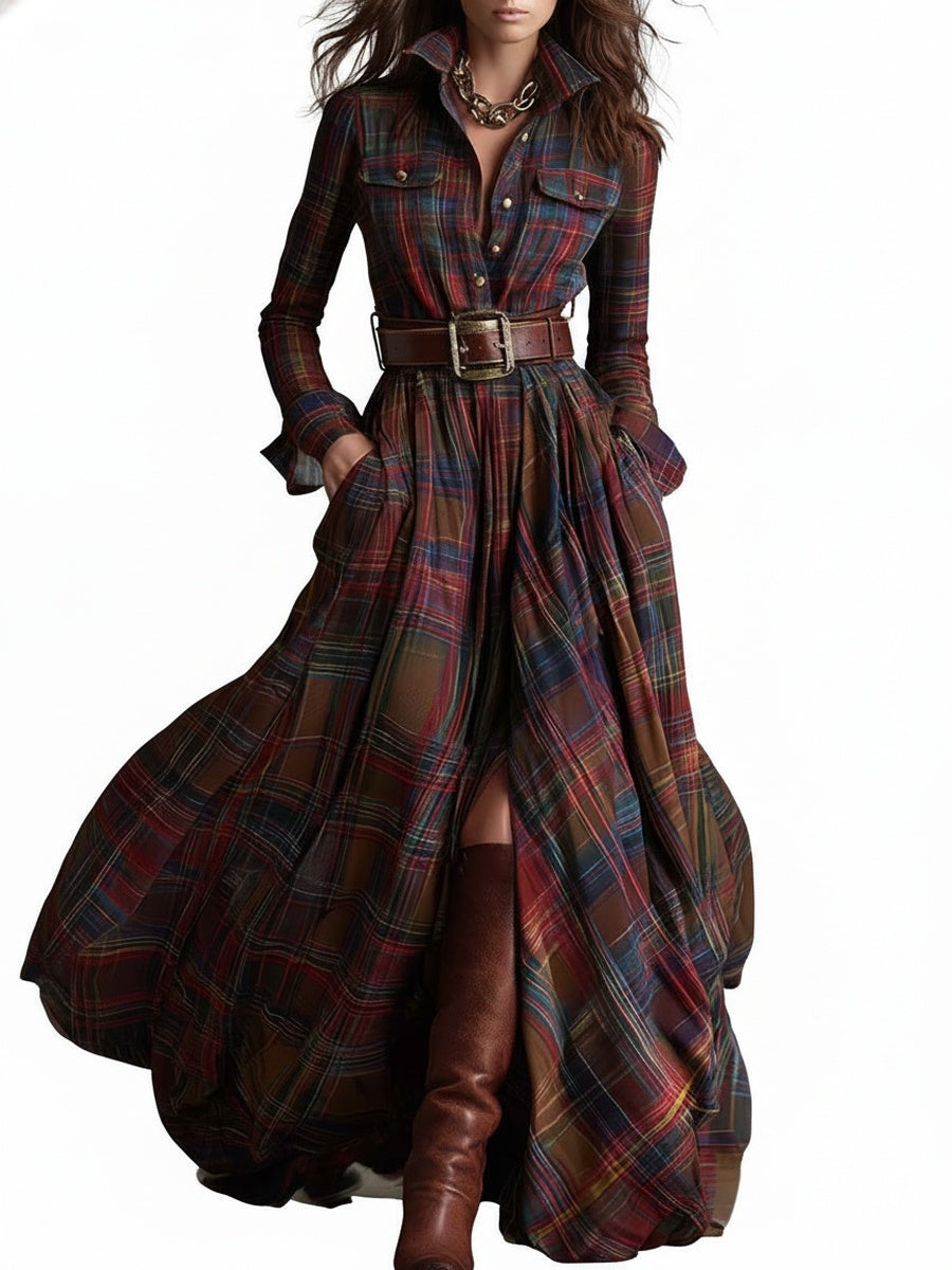Women's Plaid Maxi Shirt Dress with Long Sleeves, Belt and Side Slit
