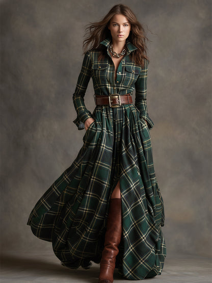 Women's Plaid Maxi Shirt Dress with Long Sleeves, Belt and Side Slit
