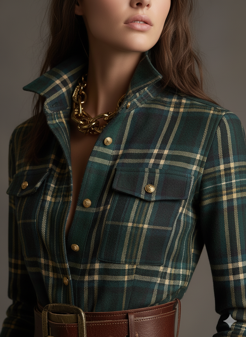 Women's Plaid Maxi Shirt Dress with Long Sleeves, Belt and Side Slit