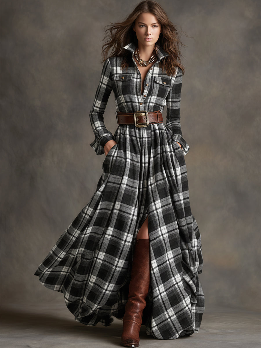 Women's Plaid Maxi Shirt Dress with Long Sleeves, Belt and Side Slit