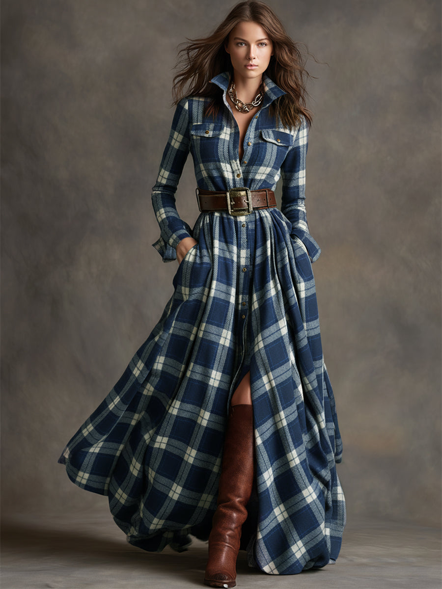Women's Plaid Maxi Shirt Dress with Long Sleeves, Belt and Side Slit