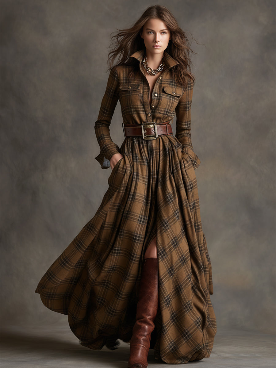 Women's Plaid Maxi Shirt Dress with Long Sleeves, Belt and Side Slit